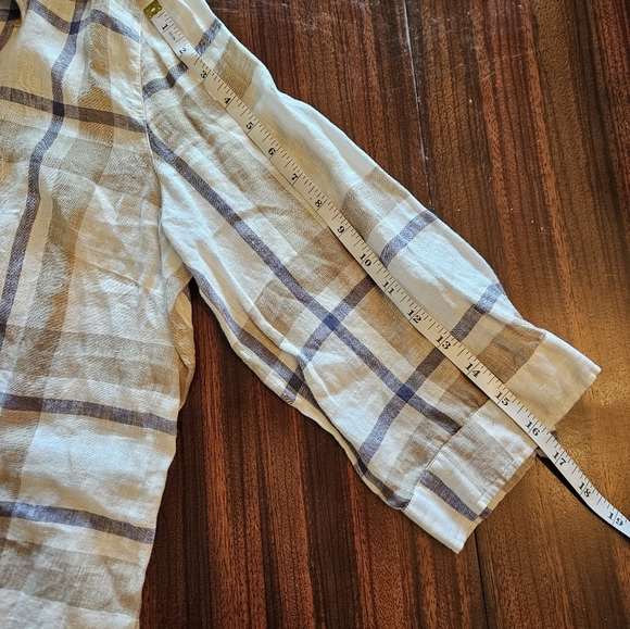 Zanetti Womens Cream Tan Blue Plaid Long Roll Tab Sleeve Linen Blouse Size XXXL - Picture 8 of 12